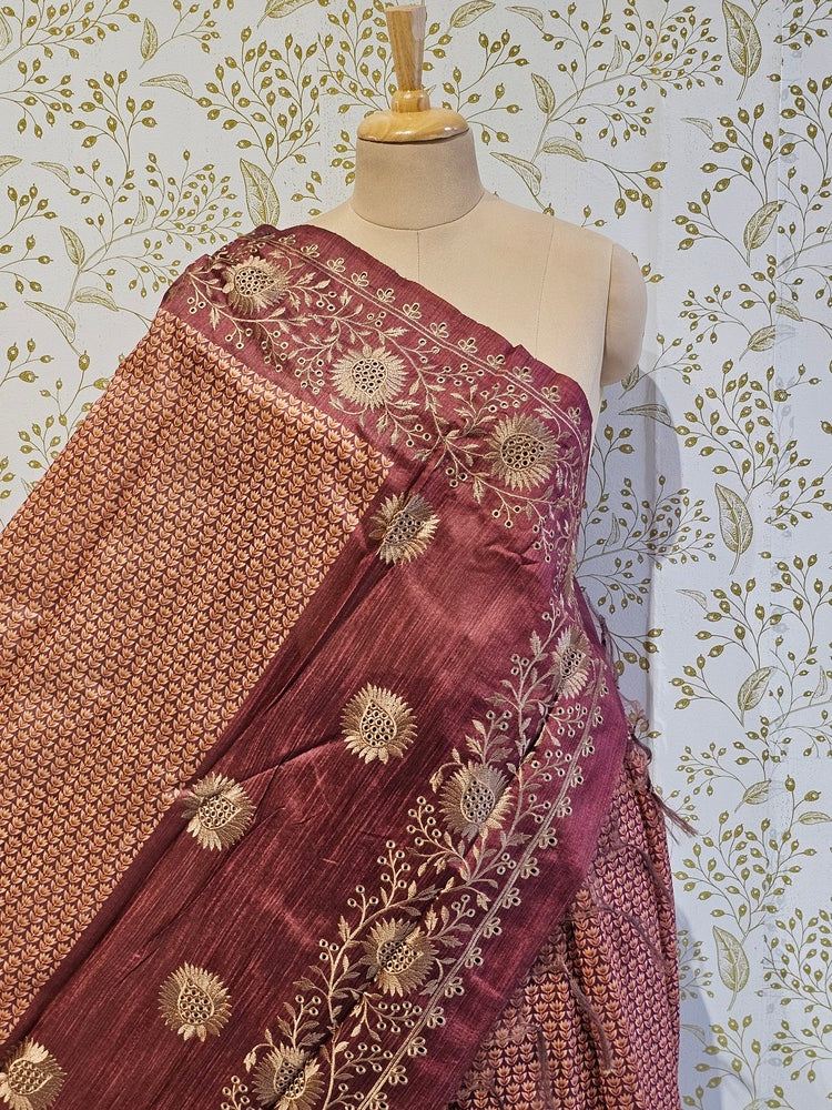 Hakoba Embroidered Kalamkari Cotton Tussar Saree with Floral Border