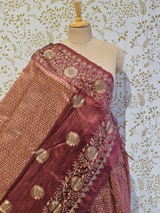 Hakoba Embroidered Kalamkari Cotton Tussar Saree with Floral Border