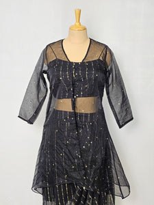 Pleated Shimmer Drape Skirt with Cape Jacket & Tube Top | Indo-Western Set