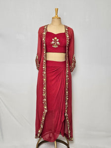 Cutdana & Pearl Jardozi Drape Skirt with Jacket & Tube Top | Indo-Western Set