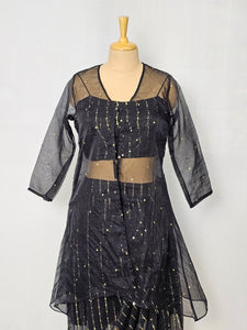 Pleated Shimmer Drape Skirt with Cape Jacket & Tube Top | Indo-Western Set