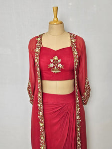 Cutdana & Pearl Jardozi Drape Skirt with Jacket & Tube Top | Indo-Western Set