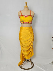 Rose Velvet Embroidered Drape Skirt with Cape Jacket & Tube Top | Indo-Western Set