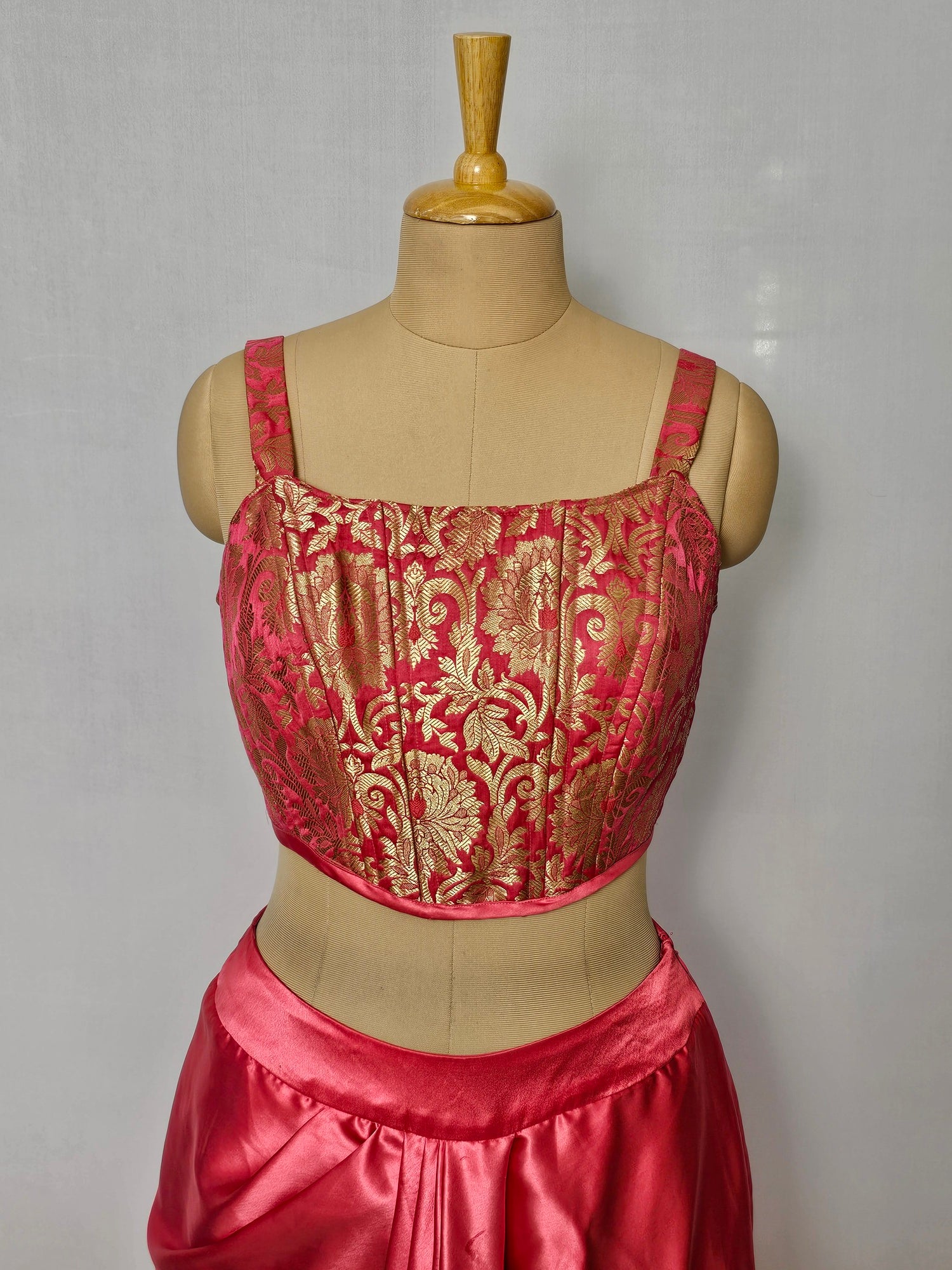 Banarasi Brocade Drape Skirt with Satin Corset Top | Indo-Western Set