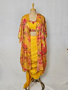 Rose Velvet Embroidered Drape Skirt with Cape Jacket & Tube Top | Indo-Western Set