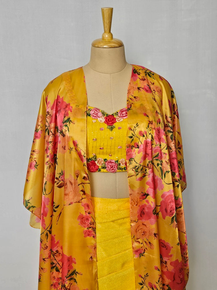 Rose Velvet Embroidered Drape Skirt with Cape Jacket & Tube Top | Indo-Western Set