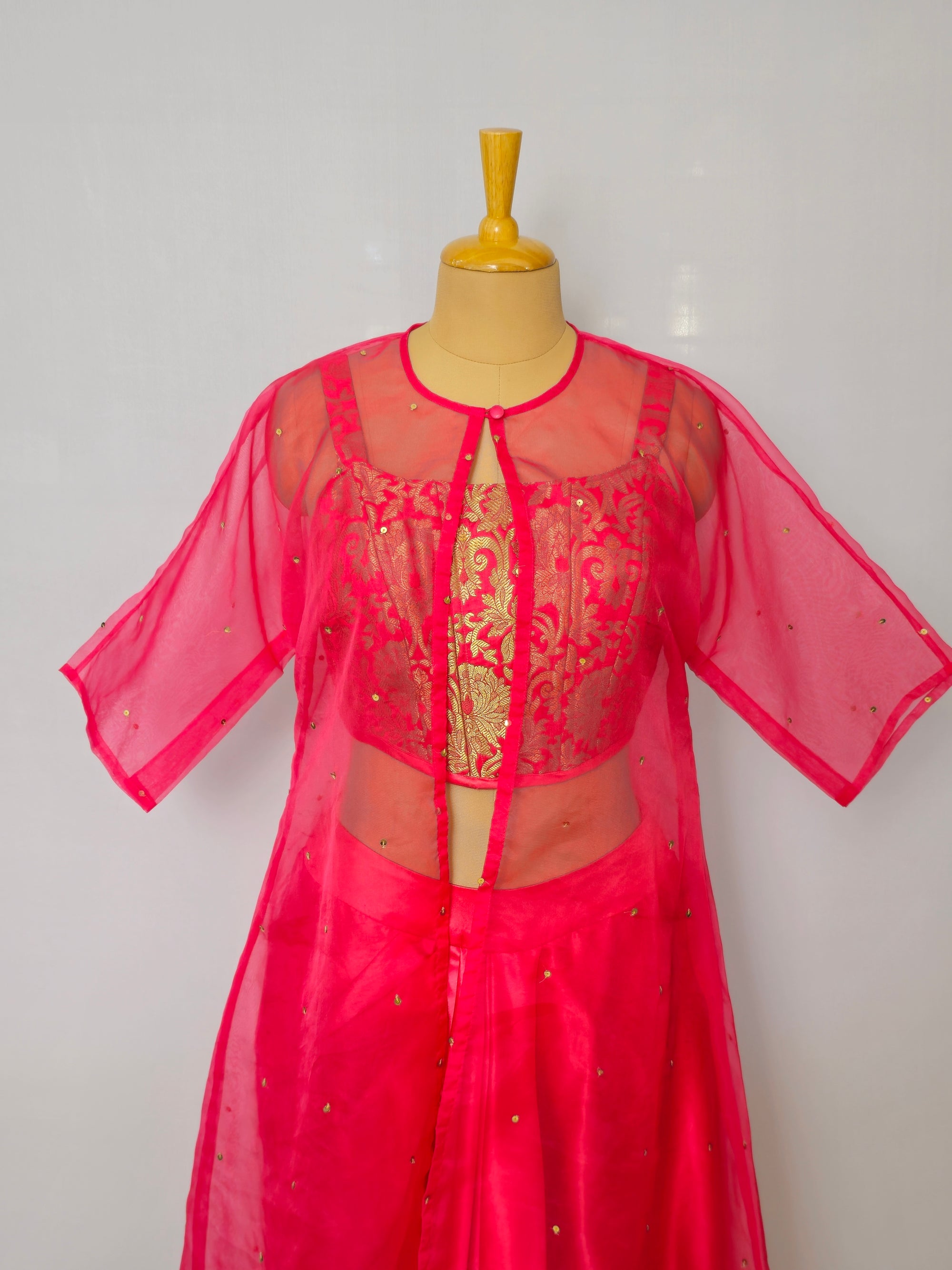 Banarasi Brocade Drape Skirt with Satin Corset Top | Indo-Western Set