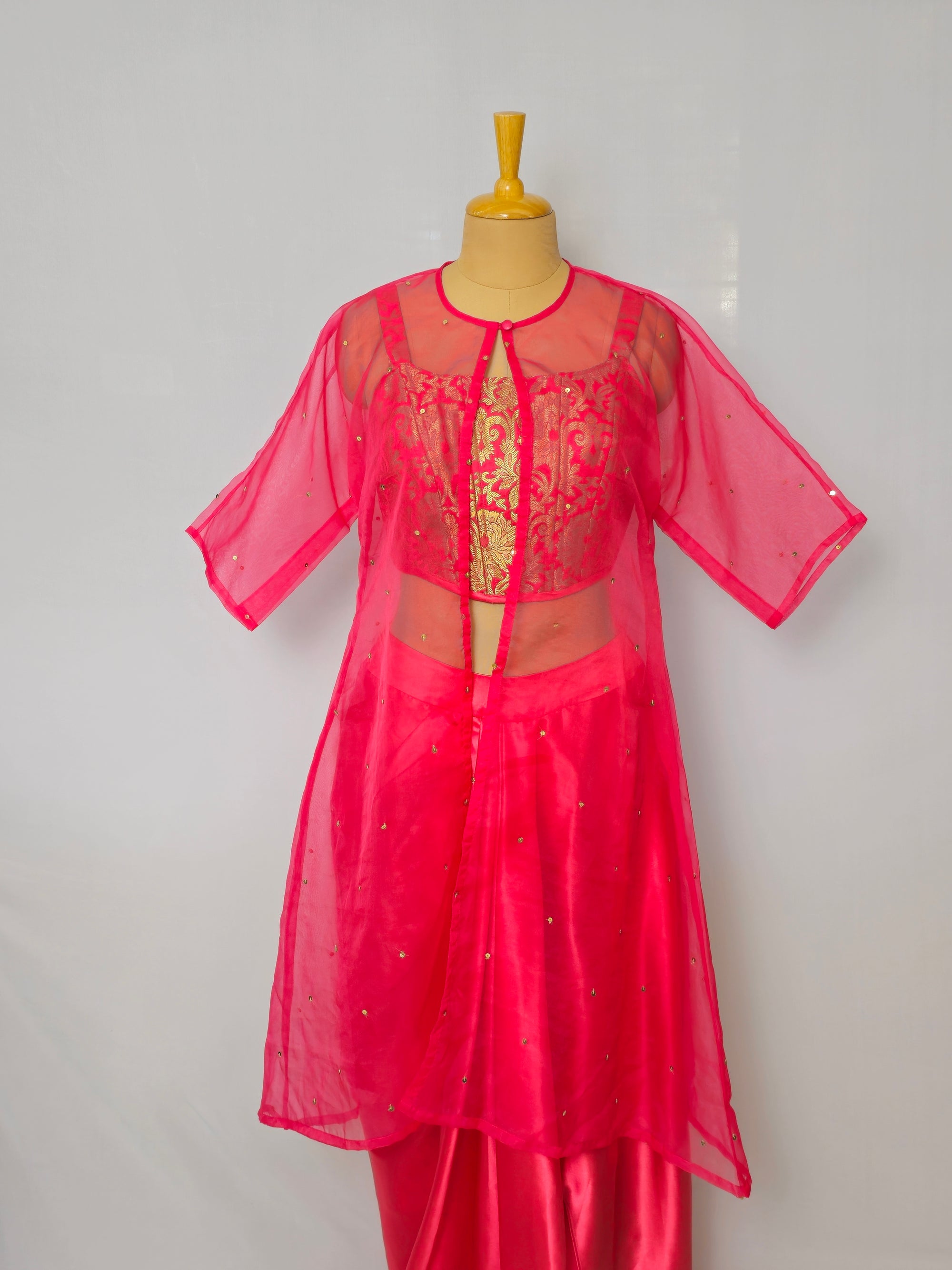 Banarasi Brocade Drape Skirt with Satin Corset Top | Indo-Western Set