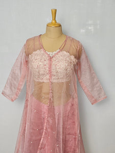 Leather Pearl Embroidered Drape Skirt with Cape Jacket & Tube Top | Indo-Western Set