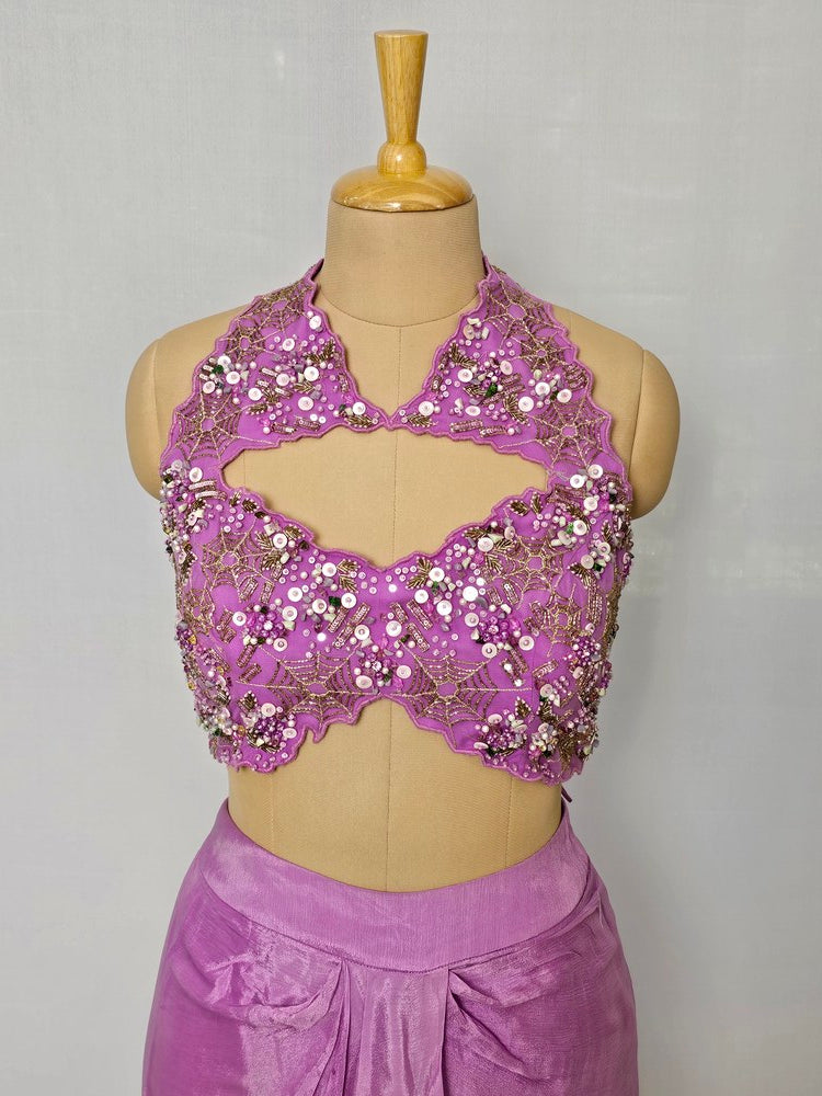 3D Stone & Pearl Embroidered Drape Skirt with Organza Jacket | Indo-Western Set