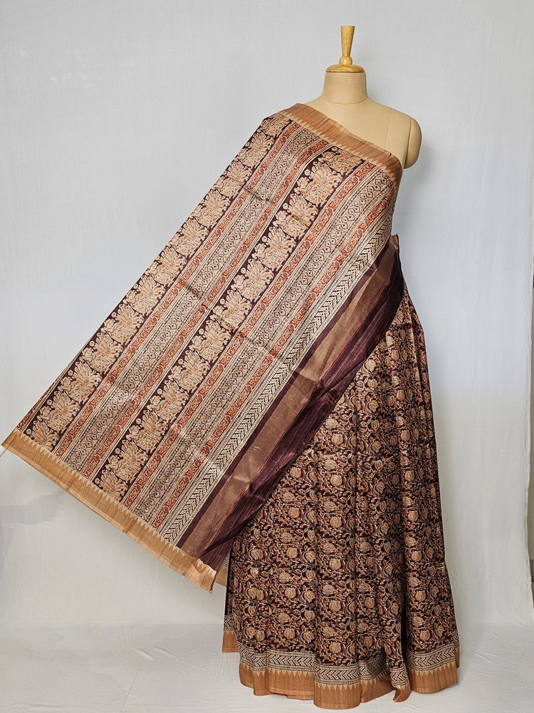 Block Printed Kalamkari Cotton Tussar Saree with Temple Jari Border