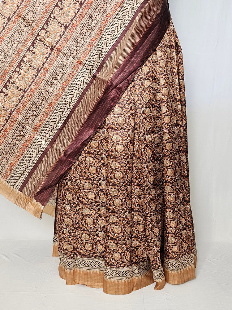 Block Printed Kalamkari Cotton Tussar Saree with Temple Jari Border