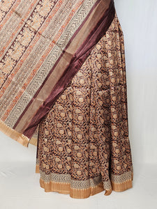 Block Printed Kalamkari Cotton Tussar Saree with Temple Jari Border