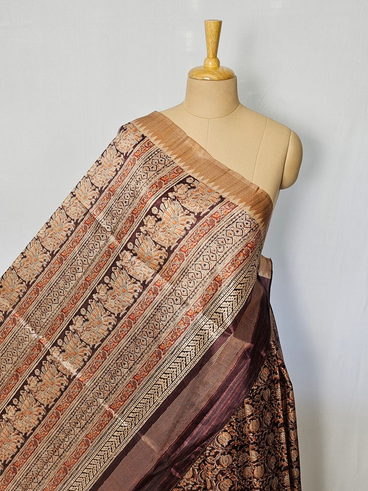 Block Printed Kalamkari Cotton Tussar Saree with Temple Jari Border