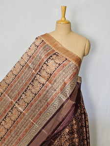 Block Printed Kalamkari Cotton Tussar Saree with Temple Jari Border