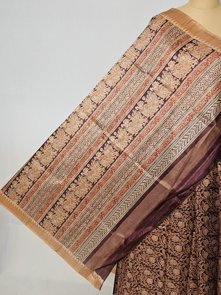 Block Printed Kalamkari Cotton Tussar Saree with Temple Jari Border