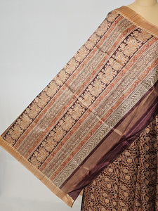Block Printed Kalamkari Cotton Tussar Saree with Temple Jari Border