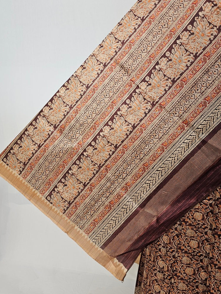 Block Printed Kalamkari Cotton Tussar Saree with Temple Jari Border