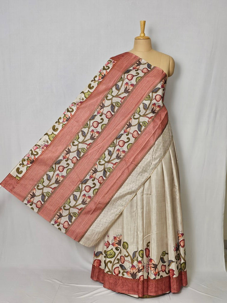 Pen Kalamkari Cotton Tussar Saree with Floral Border & Contrast Patti