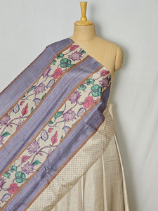 Pen Kalamkari Cotton Tussar Saree with Floral Border & Contrast Patti