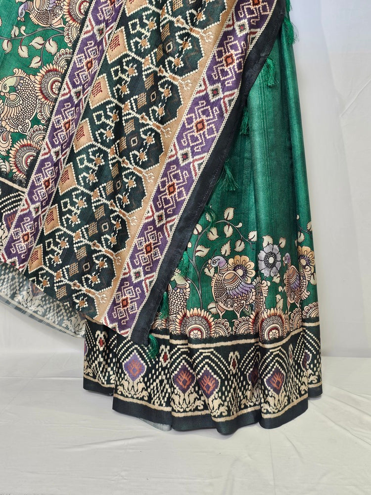 Pen Kalamkari Cotton Tussar Saree with Peacock Motif & Ikkat Border