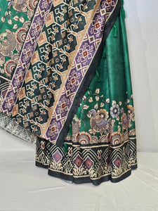 Pen Kalamkari Cotton Tussar Saree with Peacock Motif & Ikkat Border