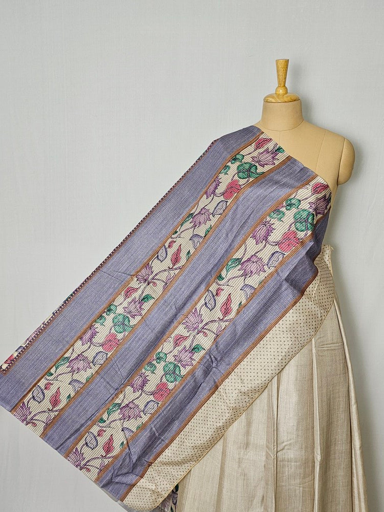 Pen Kalamkari Cotton Tussar Saree with Floral Border & Contrast Patti