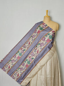 Pen Kalamkari Cotton Tussar Saree with Floral Border & Contrast Patti