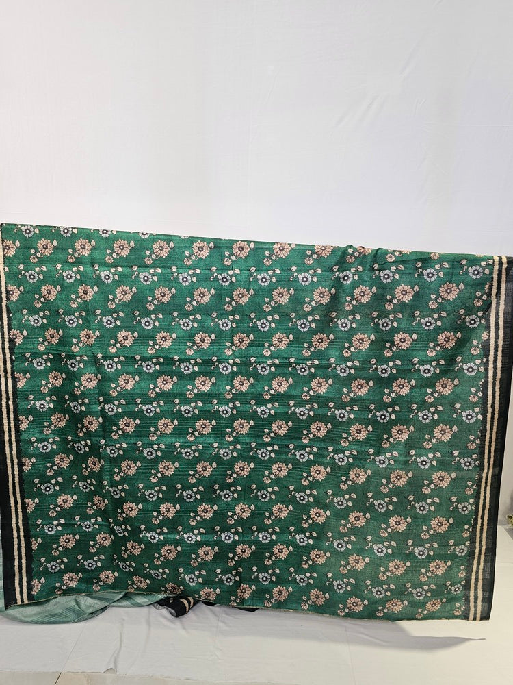 Pen Kalamkari Cotton Tussar Saree with Peacock Motif & Ikkat Border