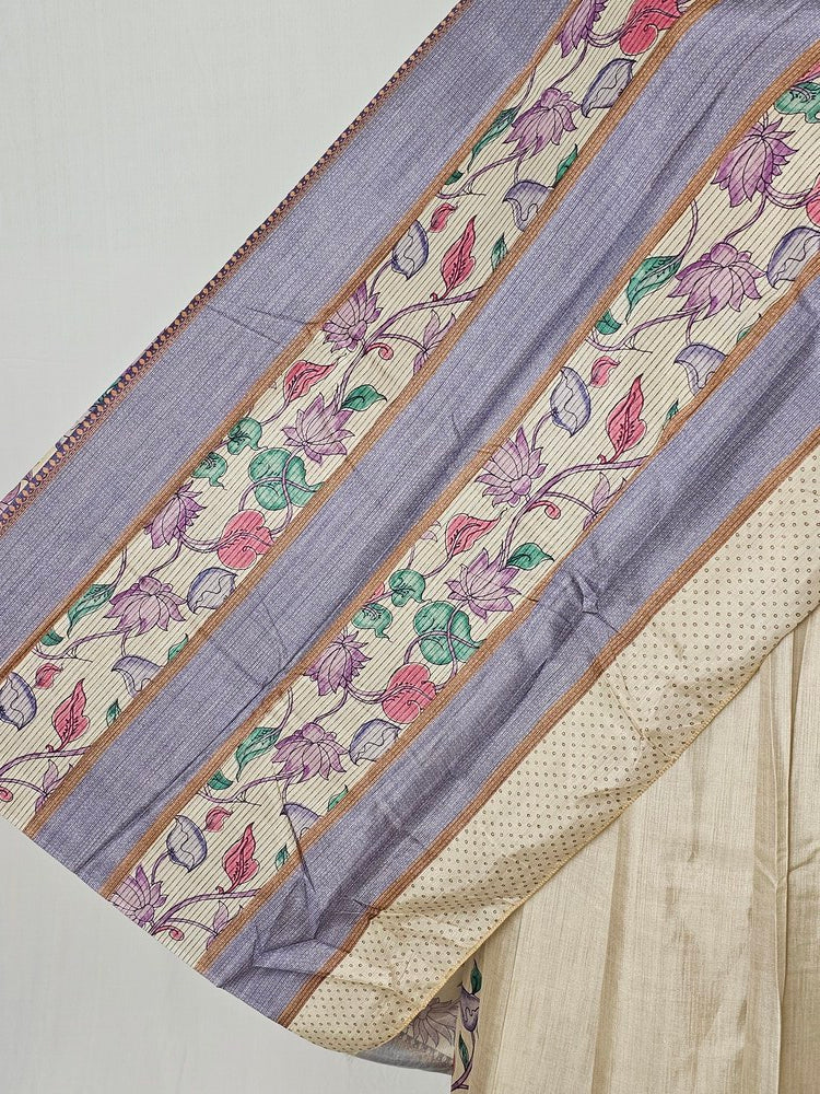 Pen Kalamkari Cotton Tussar Saree with Floral Border & Contrast Patti