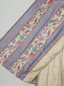 Pen Kalamkari Cotton Tussar Saree with Floral Border & Contrast Patti