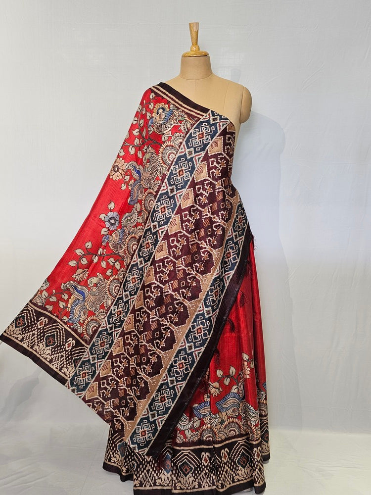 Pen Kalamkari Cotton Tussar Saree with Peacock Motif & Ikkat Border