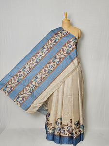 Pen Kalamkari Cotton Tussar Saree with Floral Border & Contrast Patti