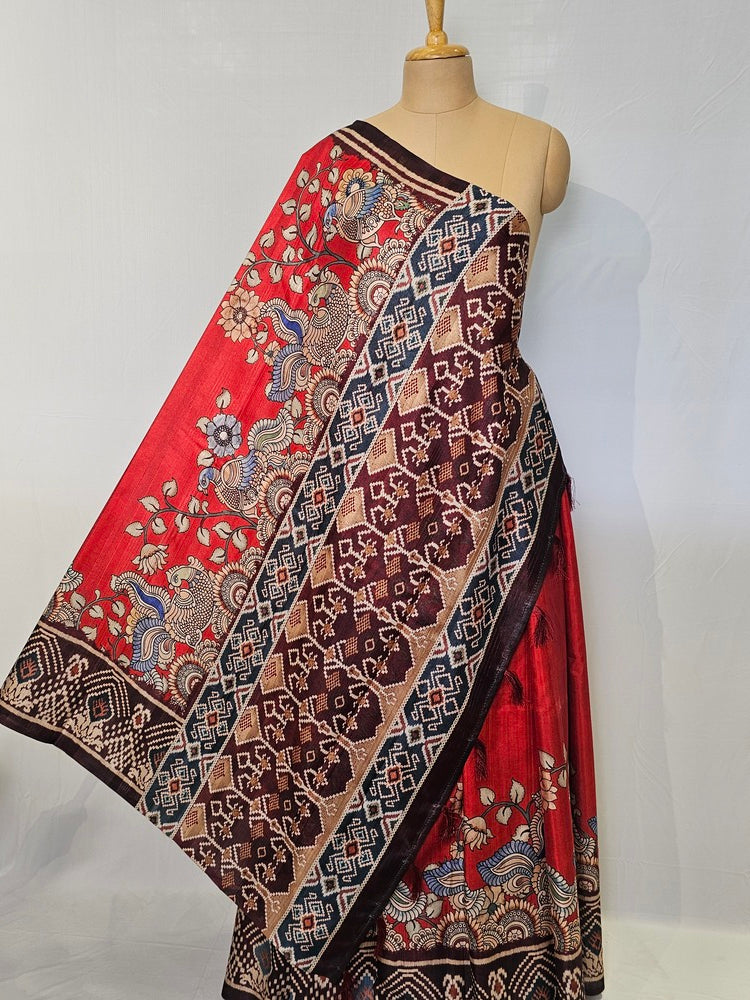 Pen Kalamkari Cotton Tussar Saree with Peacock Motif & Ikkat Border