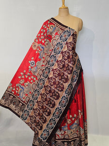 Pen Kalamkari Cotton Tussar Saree with Peacock Motif & Ikkat Border