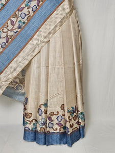 Pen Kalamkari Cotton Tussar Saree with Floral Border & Contrast Patti
