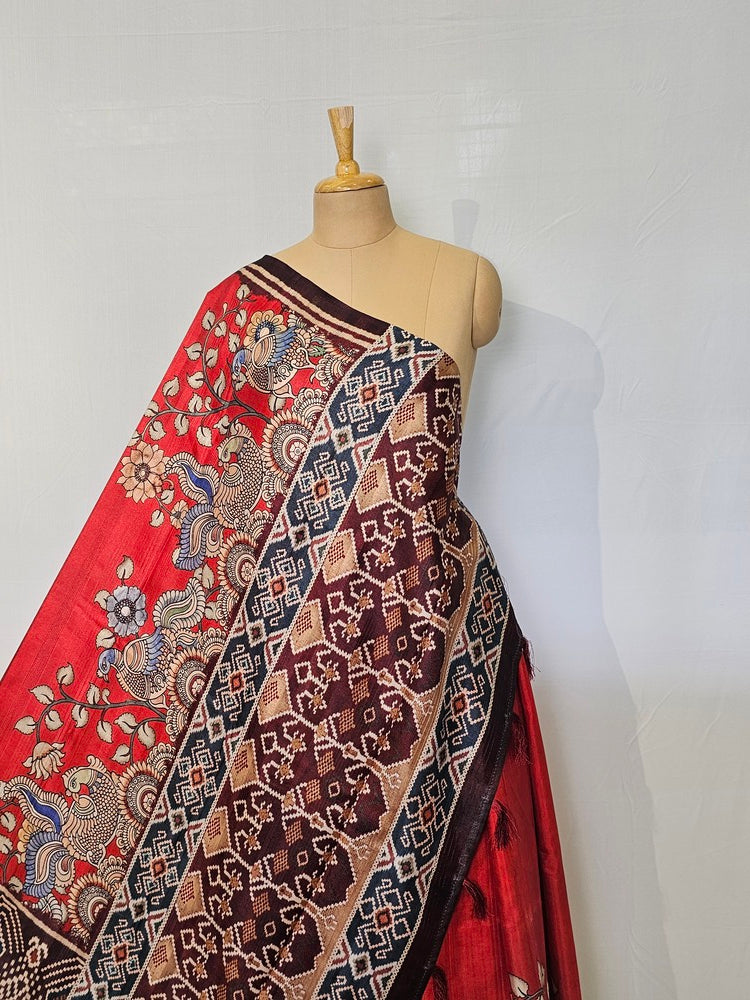 Pen Kalamkari Cotton Tussar Saree with Peacock Motif & Ikkat Border