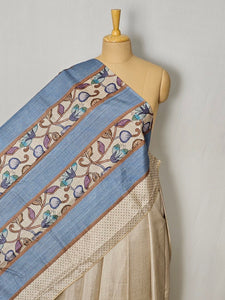 Pen Kalamkari Cotton Tussar Saree with Floral Border & Contrast Patti