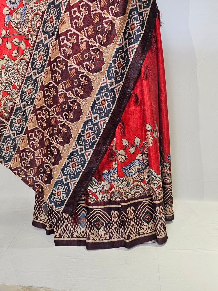 Pen Kalamkari Cotton Tussar Saree with Peacock Motif & Ikkat Border