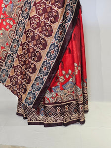 Pen Kalamkari Cotton Tussar Saree with Peacock Motif & Ikkat Border