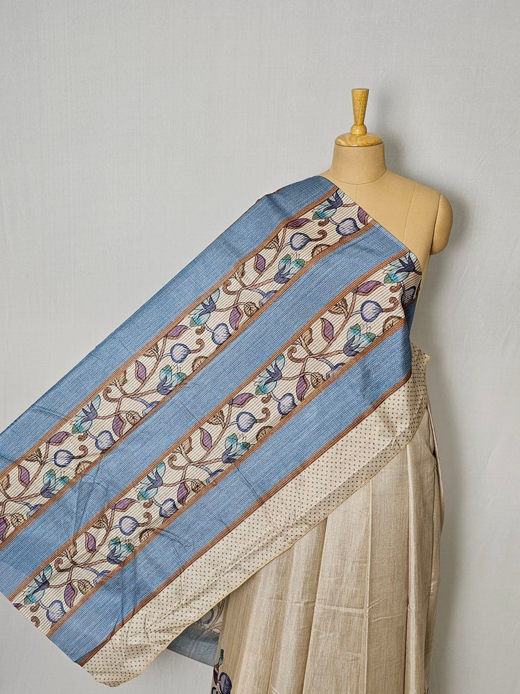 Pen Kalamkari Cotton Tussar Saree with Floral Border & Contrast Patti