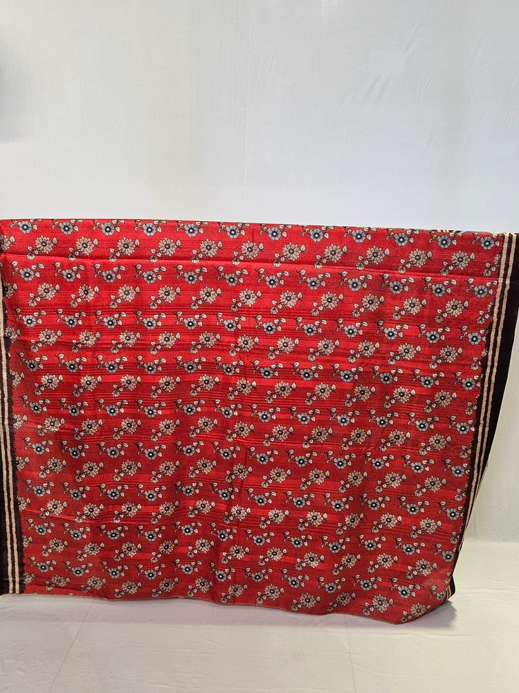 Pen Kalamkari Cotton Tussar Saree with Peacock Motif & Ikkat Border