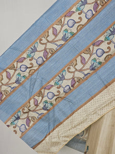 Pen Kalamkari Cotton Tussar Saree with Floral Border & Contrast Patti