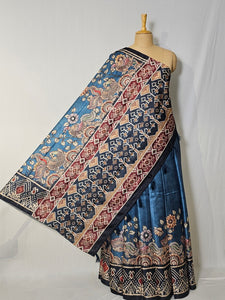 Pen Kalamkari Cotton Tussar Saree with Peacock Motif & Ikkat Border