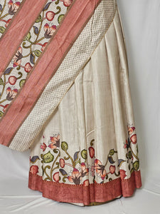 Pen Kalamkari Cotton Tussar Saree with Floral Border & Contrast Patti
