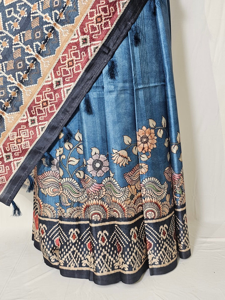 Pen Kalamkari Cotton Tussar Saree with Peacock Motif & Ikkat Border
