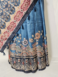 Pen Kalamkari Cotton Tussar Saree with Peacock Motif & Ikkat Border