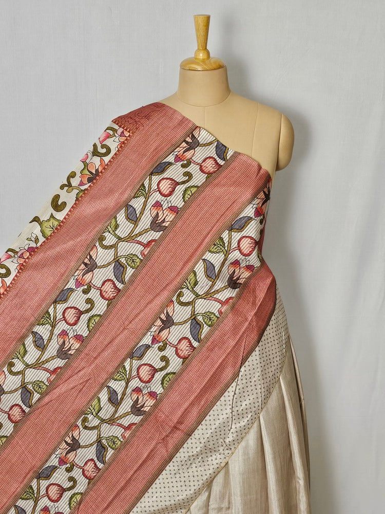 Pen Kalamkari Cotton Tussar Saree with Floral Border & Contrast Patti