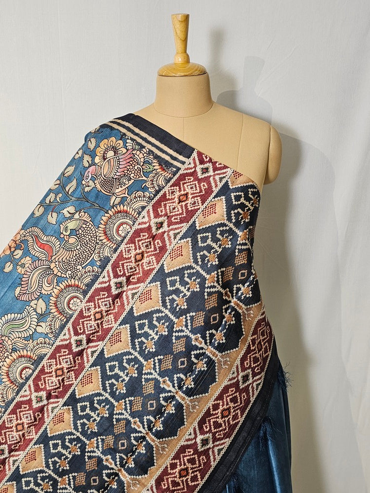 Pen Kalamkari Cotton Tussar Saree with Peacock Motif & Ikkat Border