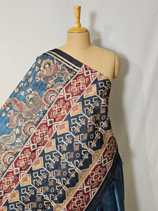 Pen Kalamkari Cotton Tussar Saree with Peacock Motif & Ikkat Border